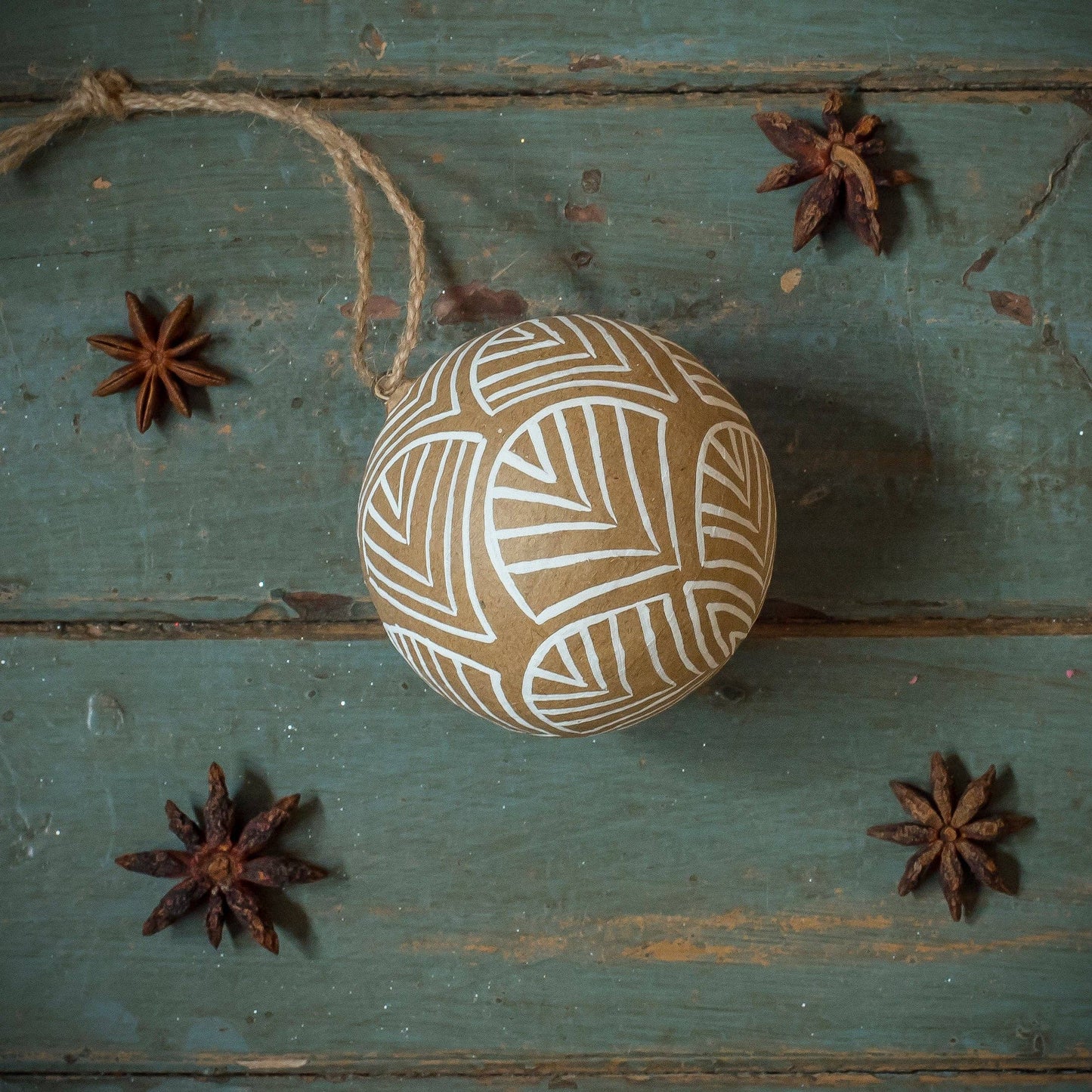 Kraft Papier Mache Baubles with White Decoration - 3 Designs