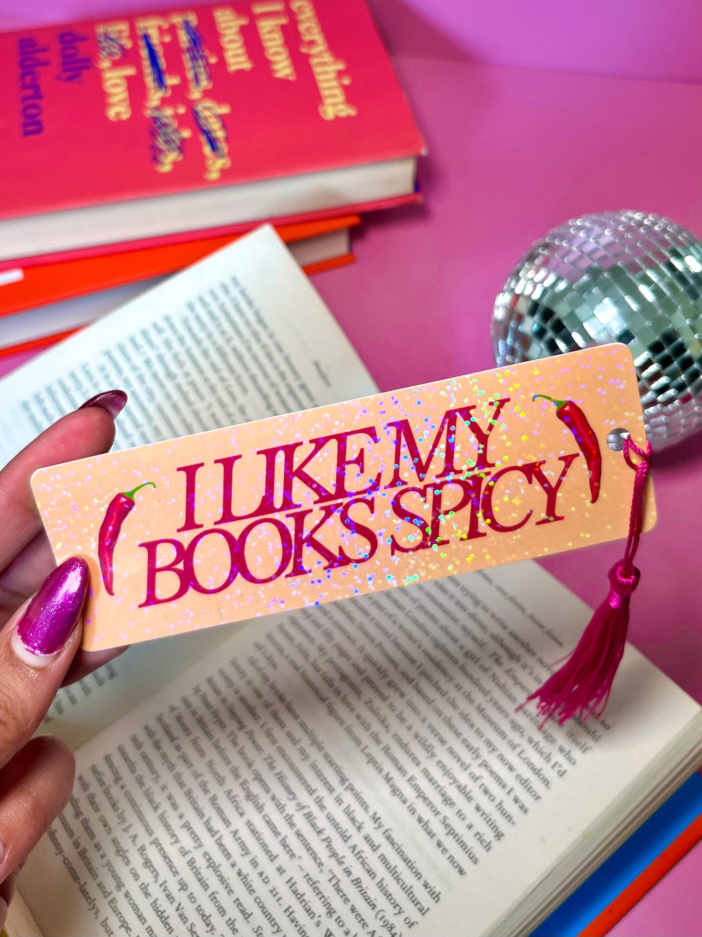 I Like My Books Spicy Holographic Tassle Bookmark -Romantasy