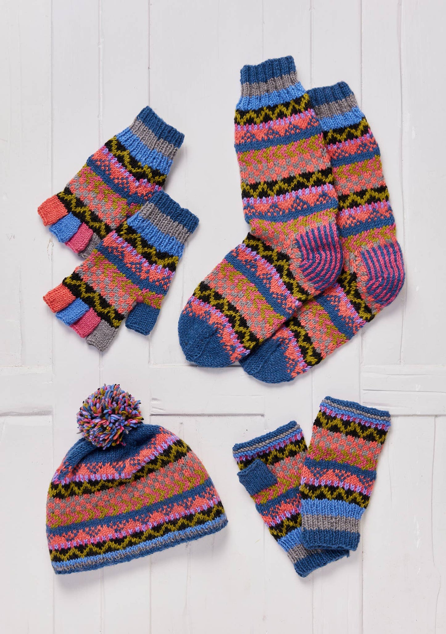 Namche Pompom Beanie Hat, handknit, fleece lined