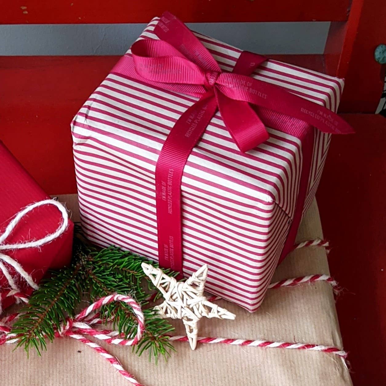 Red Stripy Brown Kraft Wrapping Paper | 3mtr | Eco Gift Wrap