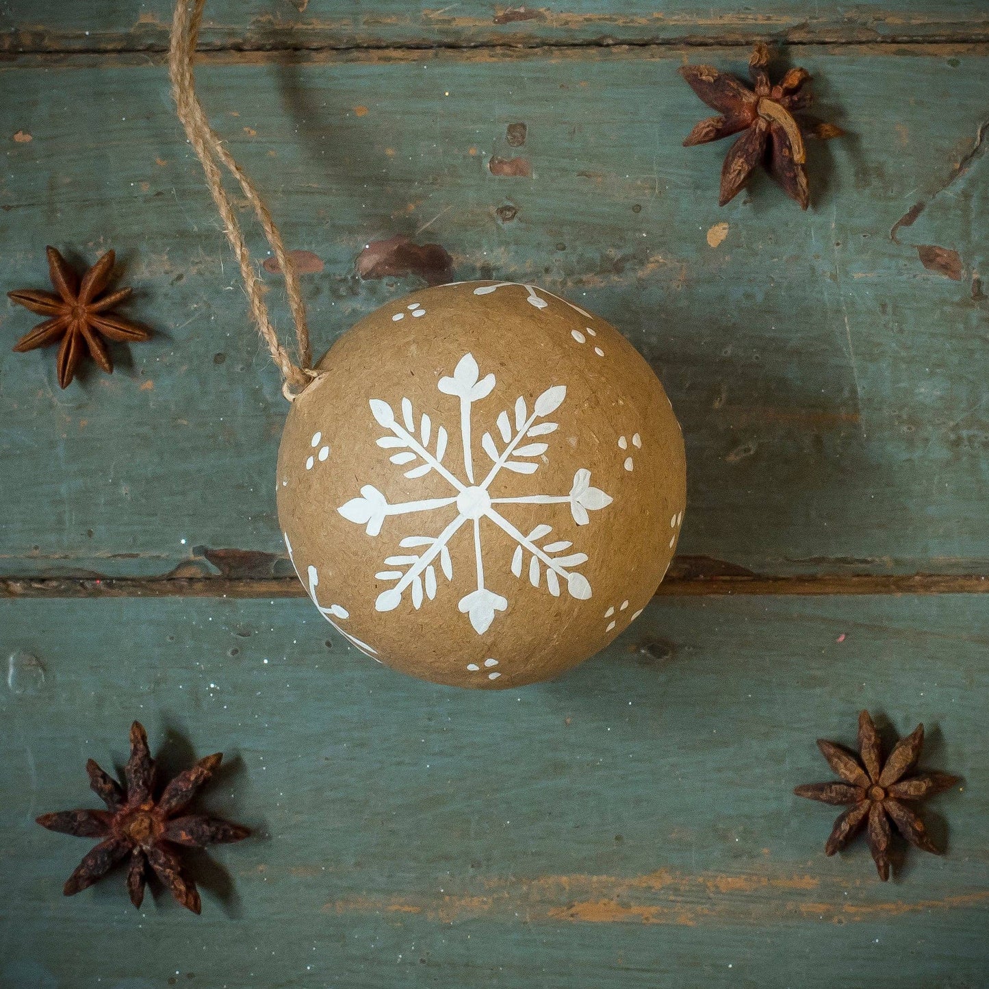Kraft Papier Mache Baubles with White Decoration - 3 Designs