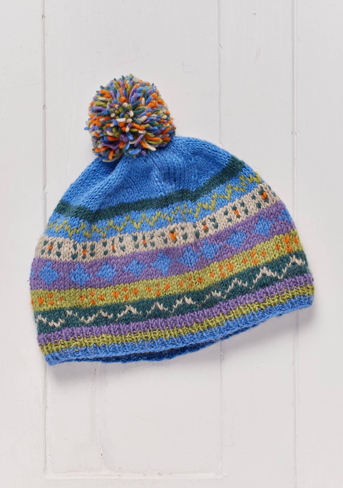 Kantega Pompom Beanie Hat, handknit, fleece lined