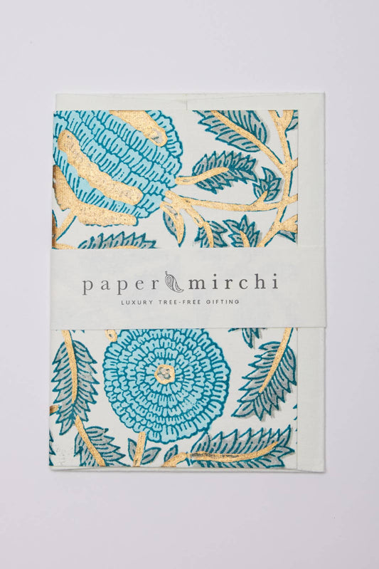 Hand Block Printed Greeting Card - Marigold Glitz Turquoise