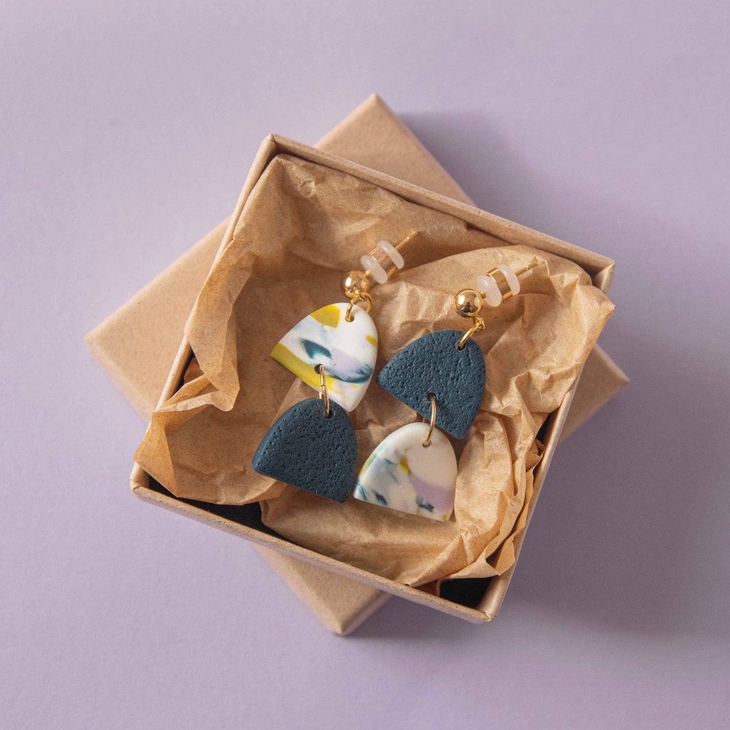 Two by Two Earrings in Teal, Lilac and Chartreuse