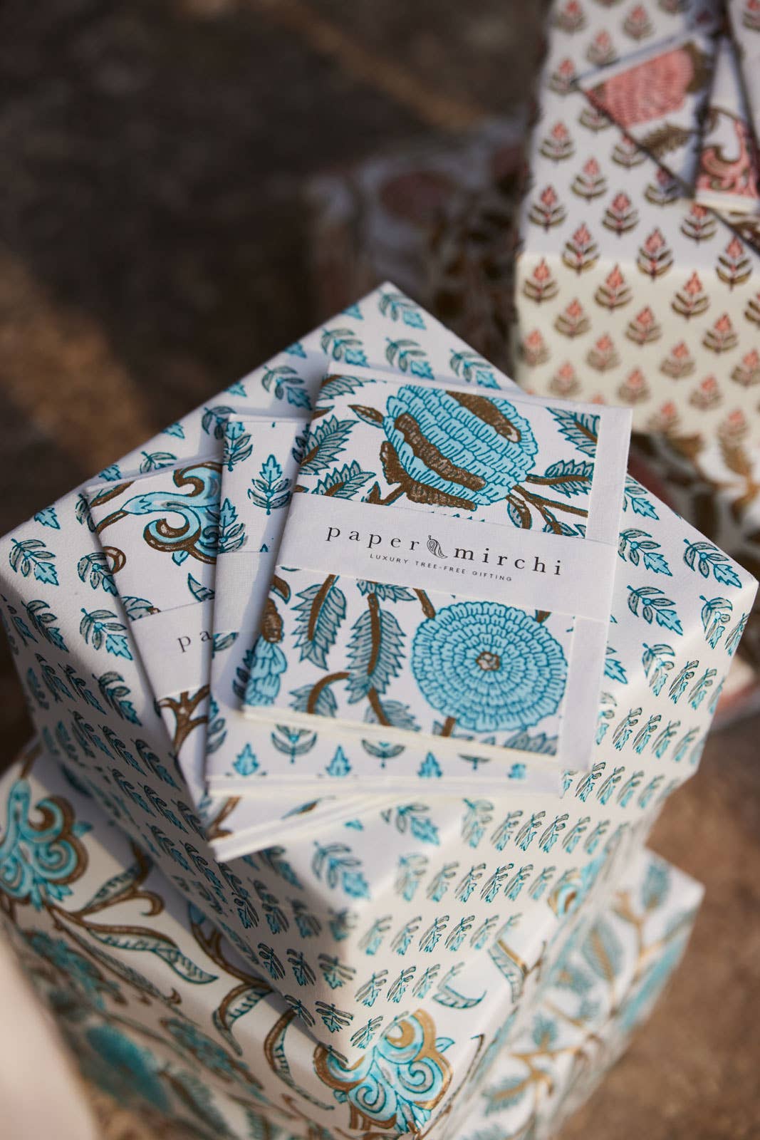 Hand Block Printed Greeting Card - Marigold Glitz Turquoise