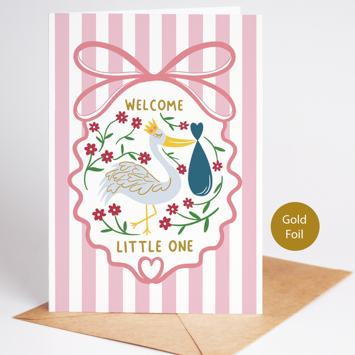 New Baby Card | Welcome Little One | Stork Design | Girl Boy