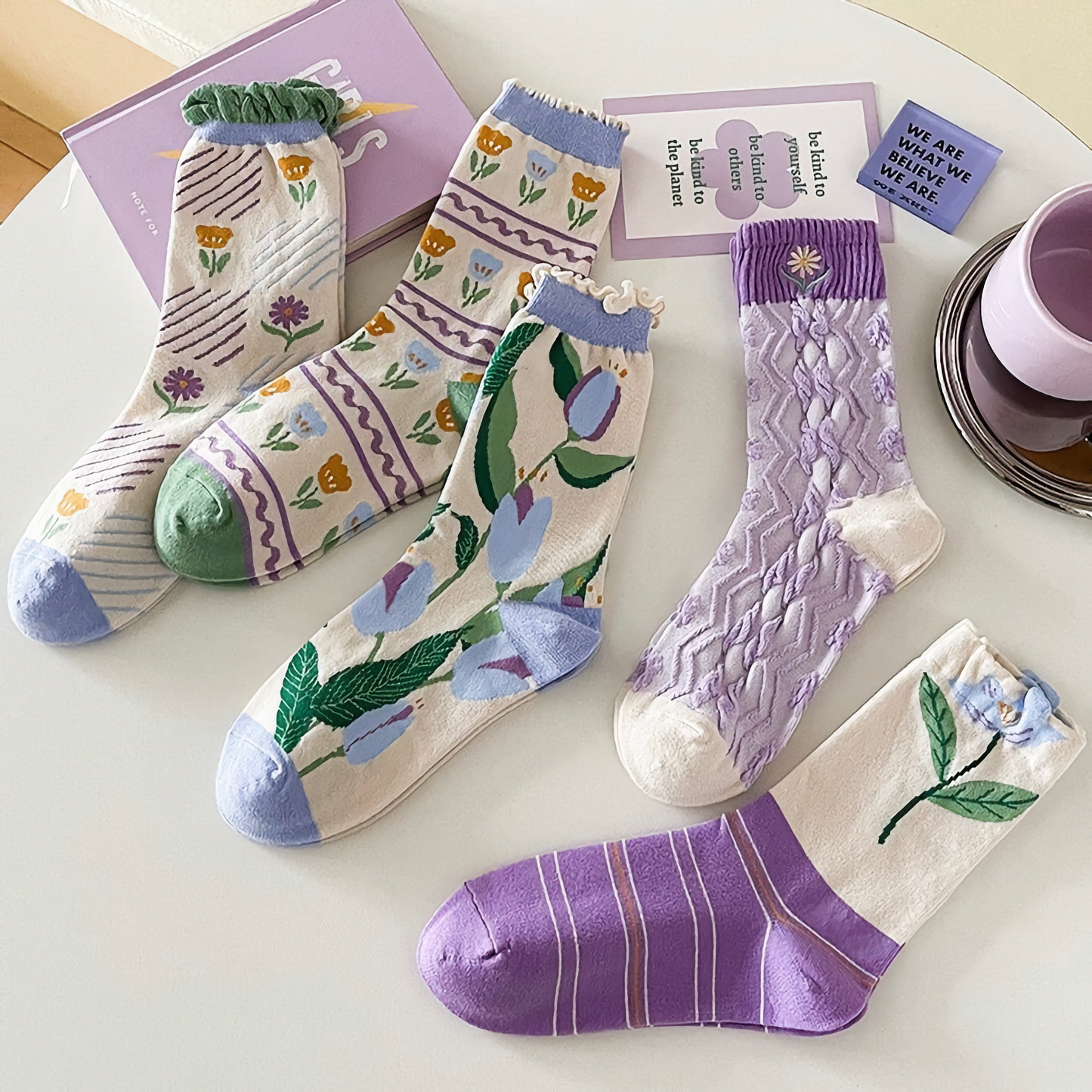 Women's Purple Floral Cotton Socks - Comfy & Stylish