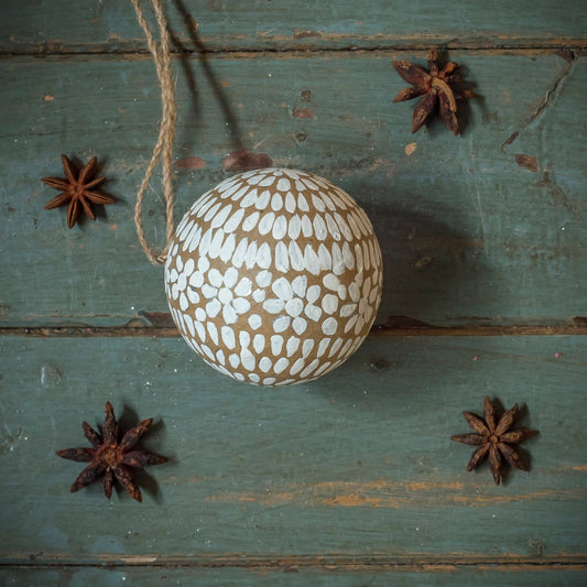 Kraft Papier Mache Baubles with White Decoration - 3 Designs