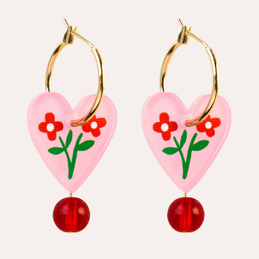 Heart Charm Hoop Earrings | Pink Floral | Jewellery Gift Her