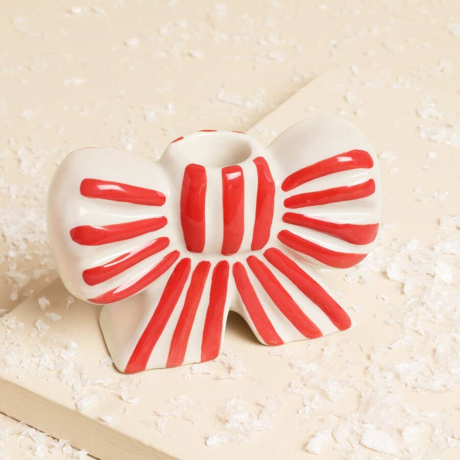 Red and White Stripe Bow Ceramic Candle Holder