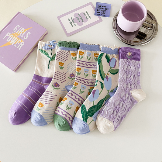 Women's Purple Floral Cotton Socks - Comfy & Stylish