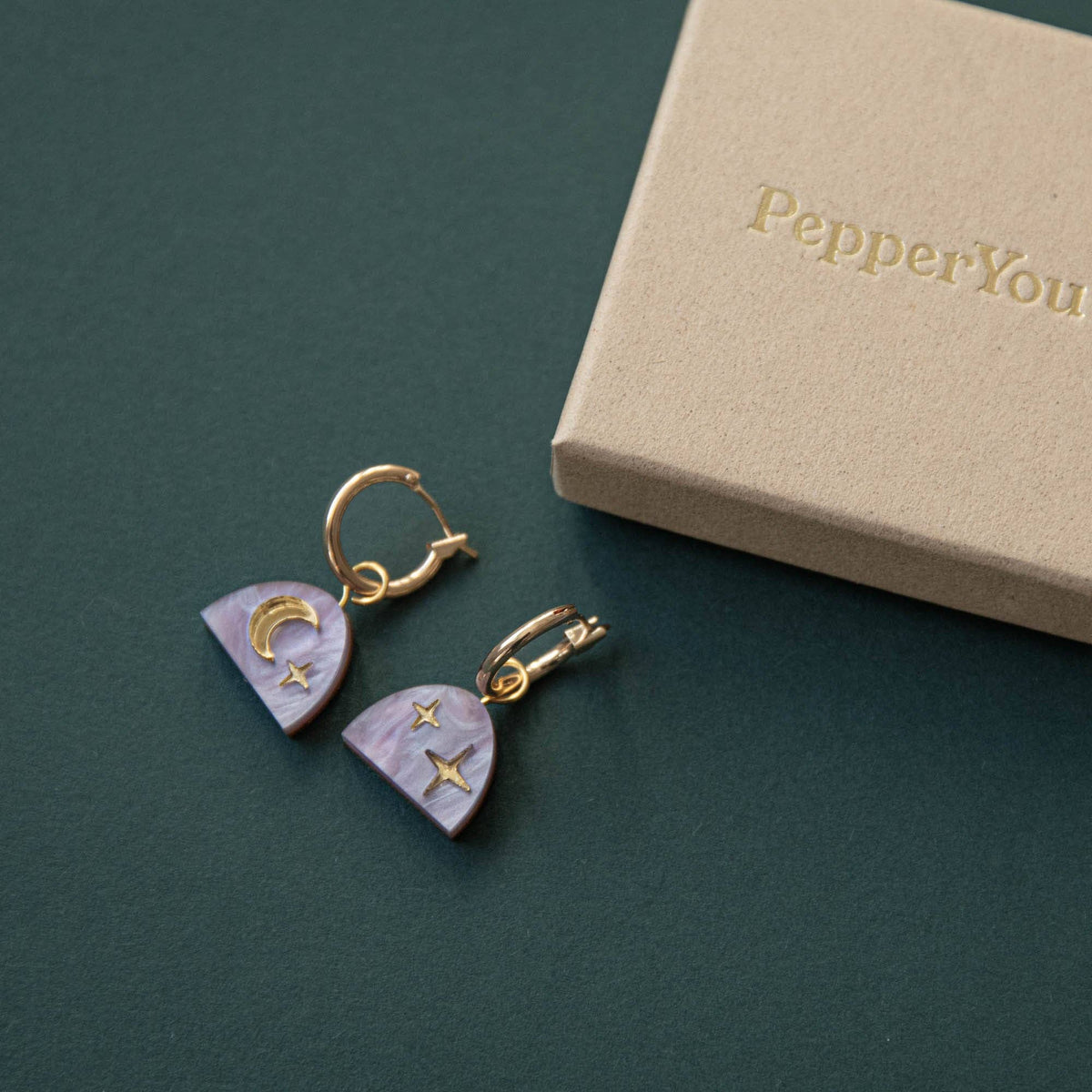 Mini Moon Rising Arc Hoops in Lilac Marble & Gold