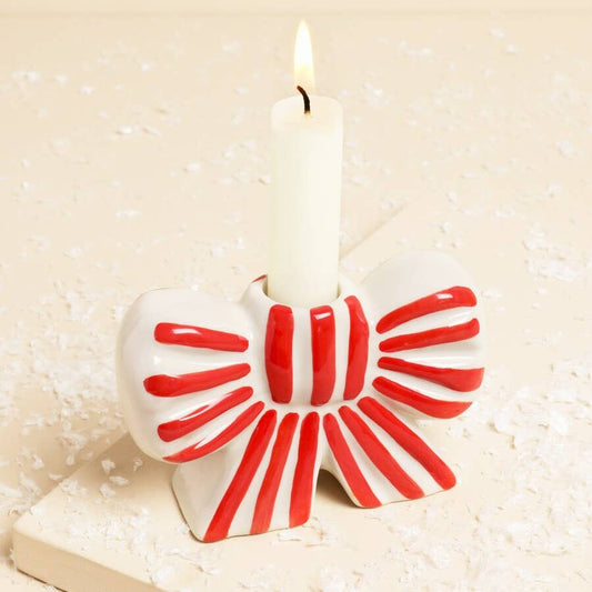 Red and White Stripe Bow Ceramic Candle Holder