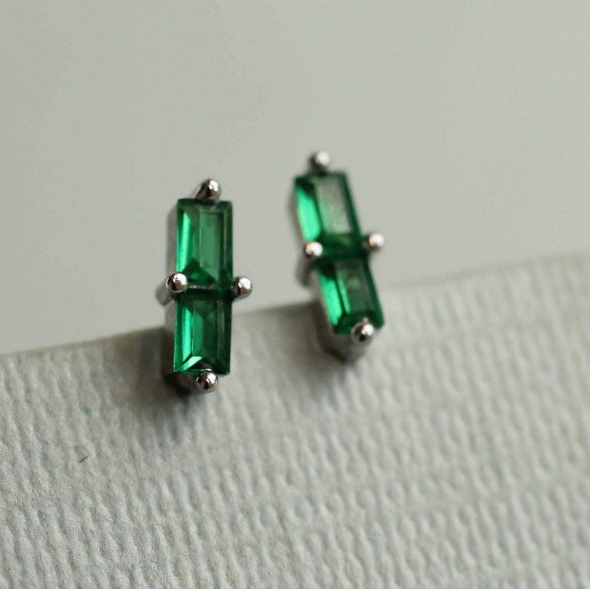 Emerald Baguette Sterling Silver Stud Earrings
