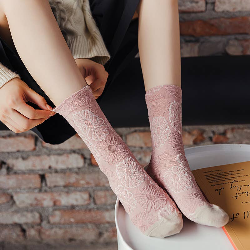 Vintage Romance - Pink Socks Featuring Exquisite Rose Design