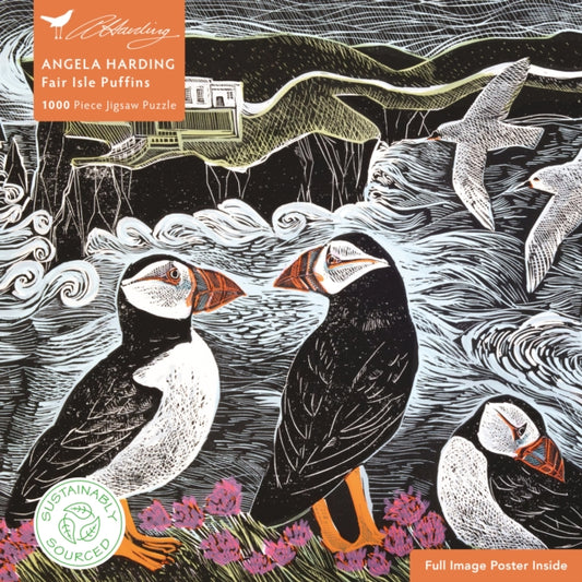 Adult Sustainable Jigsaw Puzzle Angela Harding: Fair Isle Puffins : 1000-pieces. Ethical, Sustainable, Earth-friendly by Flame Tree Studio