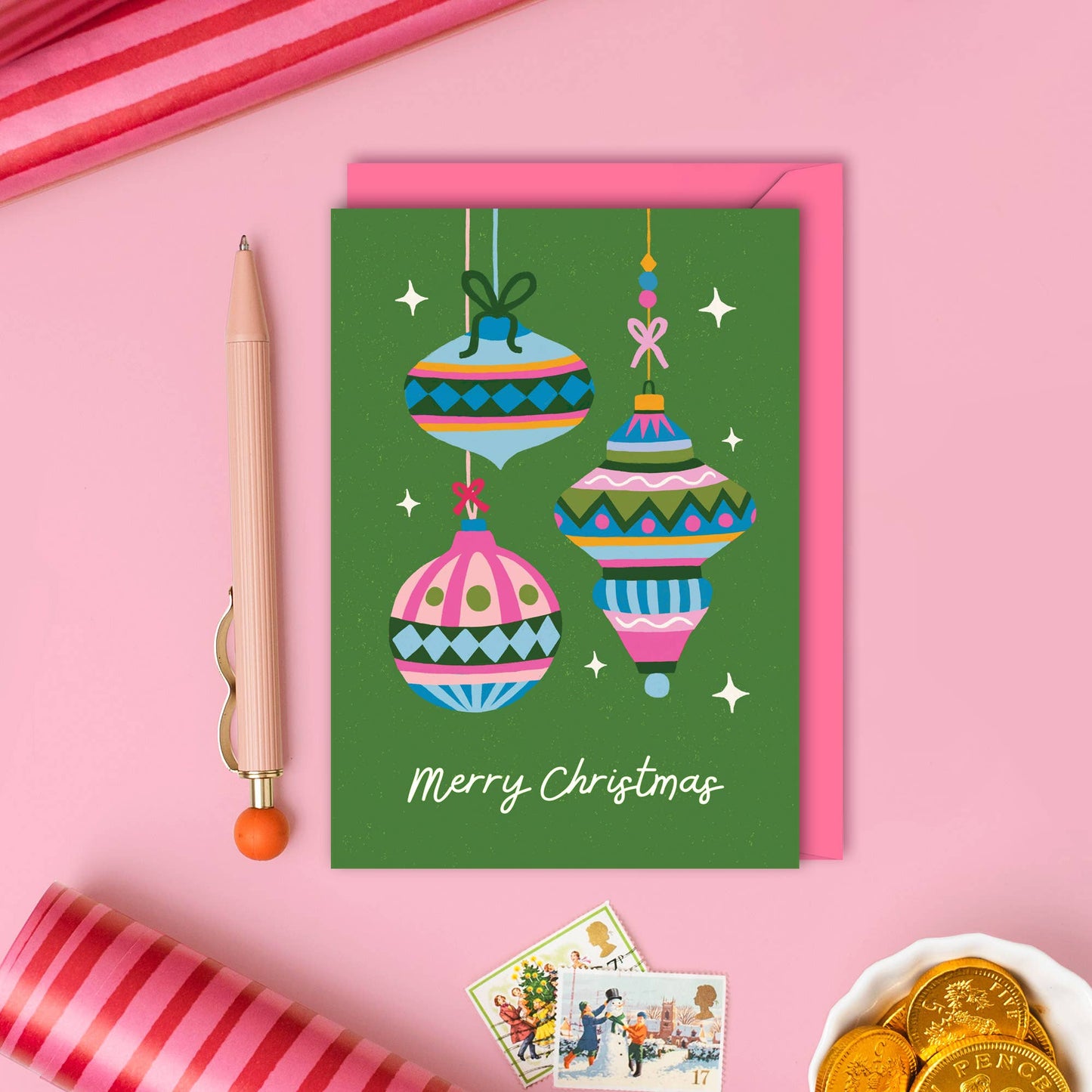 Baubles Christmas Cards | Pack of 4 | Vintage | Holiday Card