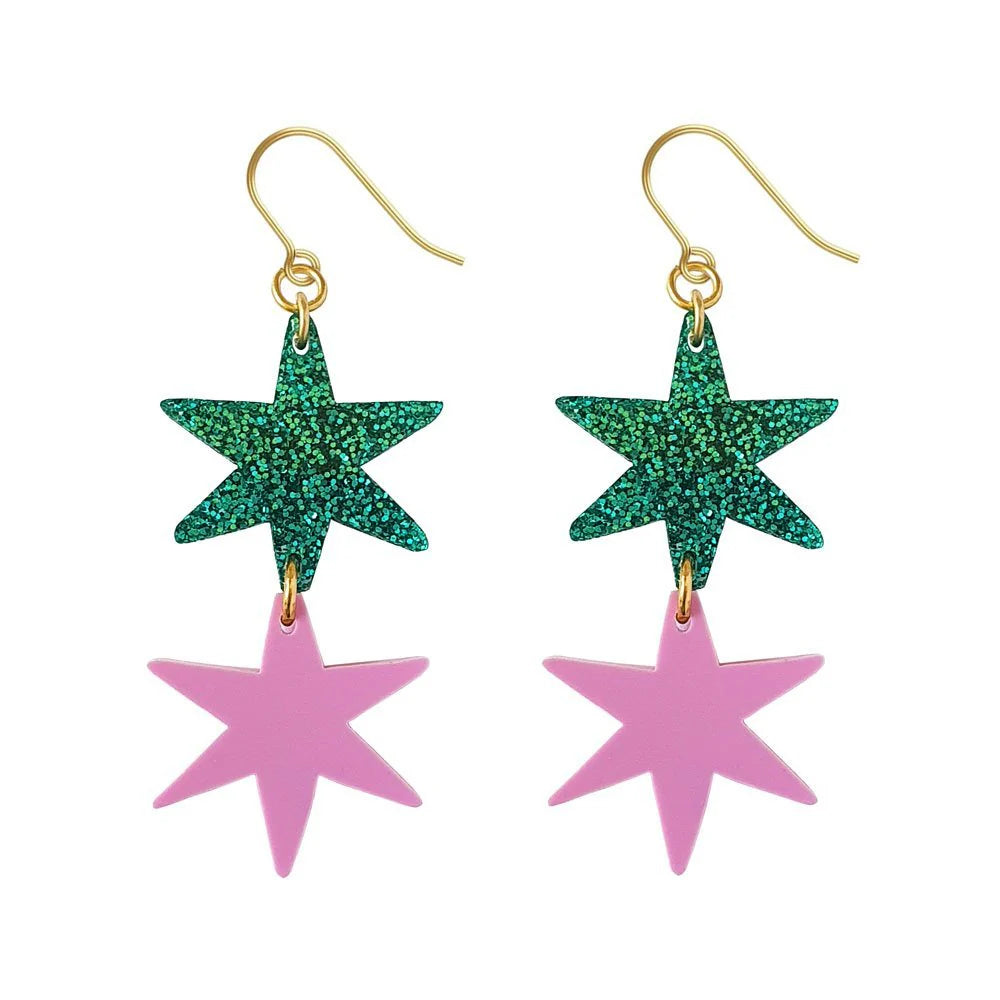 Star Dangle Earrings in Emerald Glitter