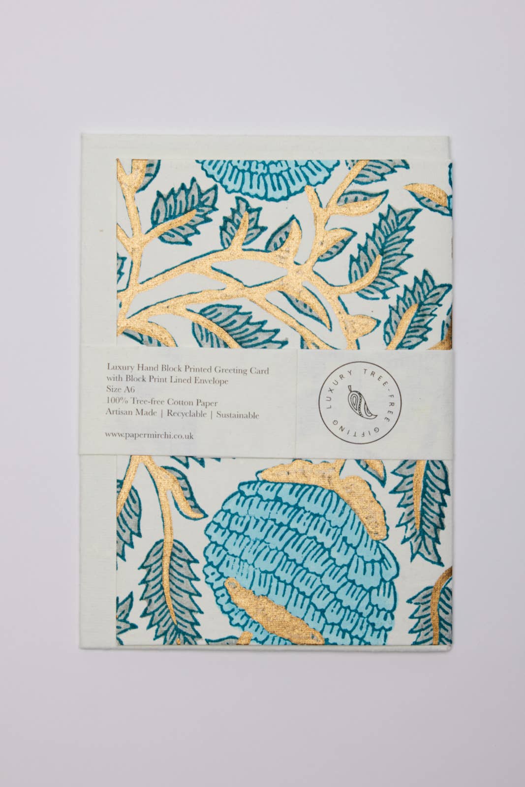 Hand Block Printed Greeting Card - Marigold Glitz Turquoise
