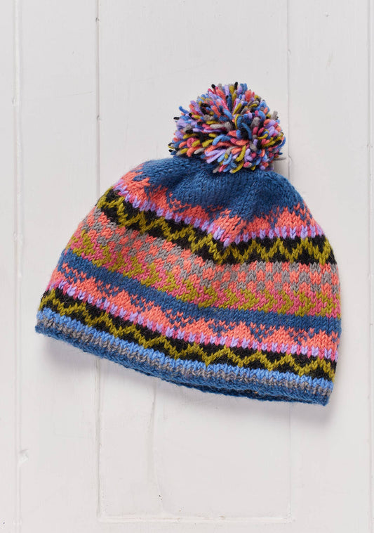 Namche Pompom Beanie Hat, handknit, fleece lined