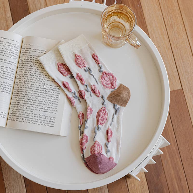 Vintage Romance - Pink Socks Featuring Exquisite Rose Design