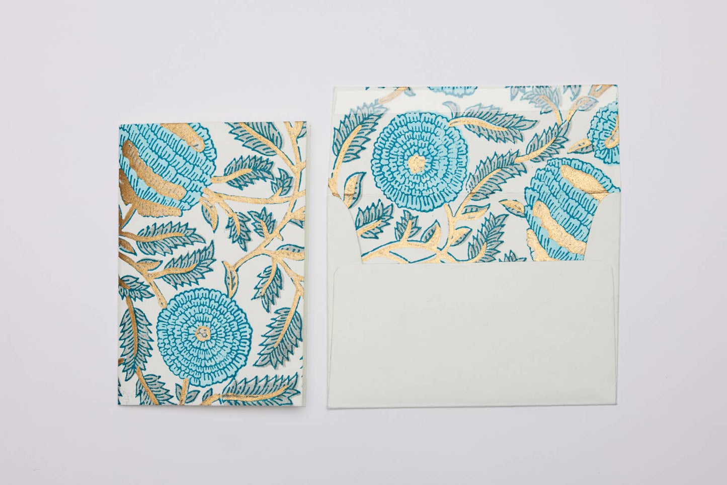 Hand Block Printed Greeting Card - Marigold Glitz Turquoise