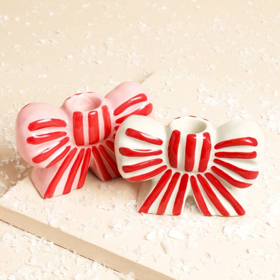 Red and White Stripe Bow Ceramic Candle Holder