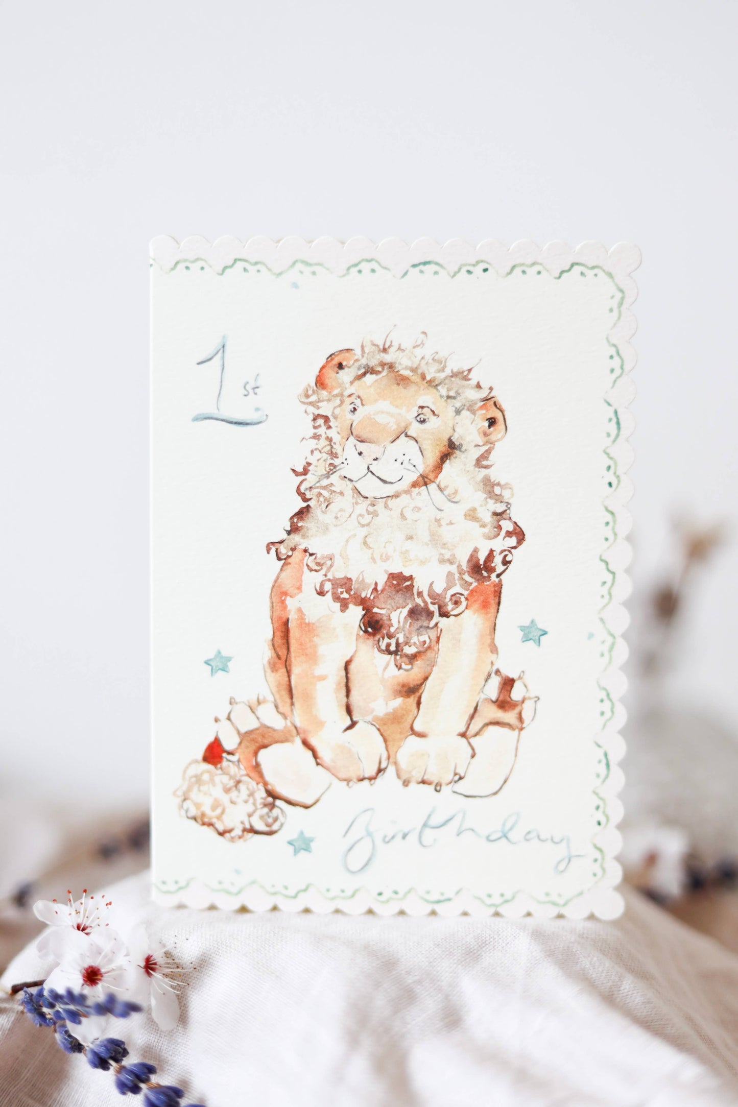 1st Birthday Lion - scalloped edge card