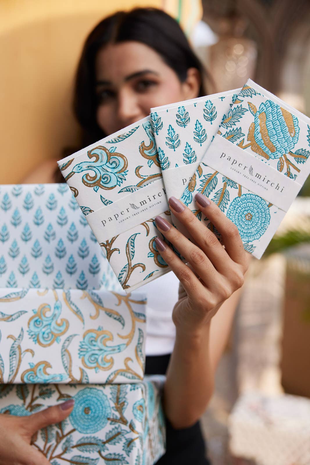 Hand Block Printed Greeting Card - Marigold Glitz Turquoise