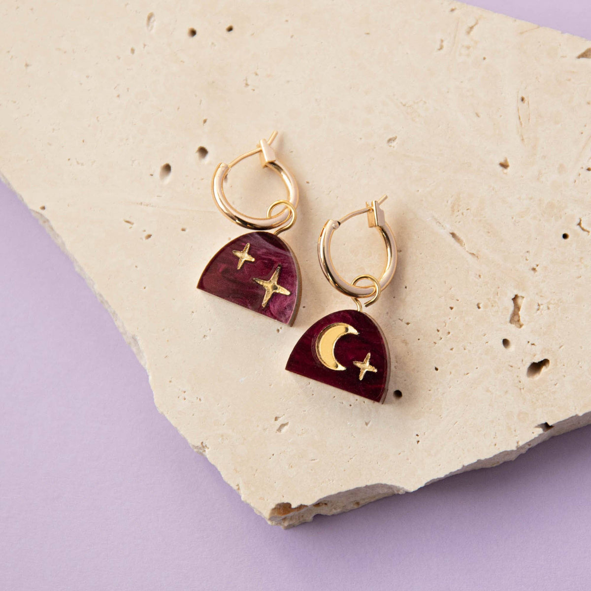 Mini Moon Rising Arc Hoops in Lilac Marble & Gold