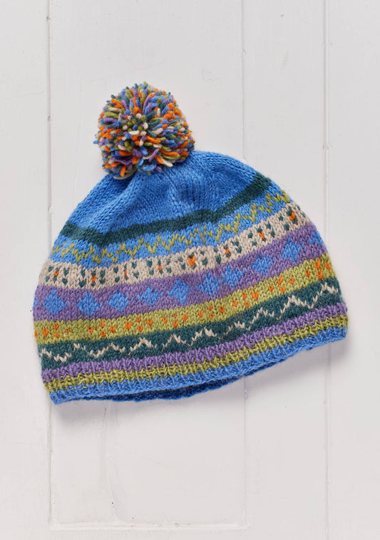 Kantega Pompom Beanie Hat, handknit, fleece lined
