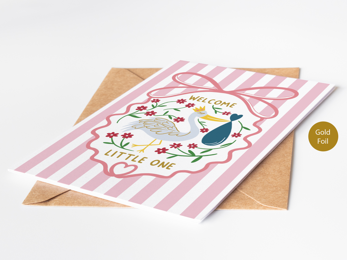 New Baby Card | Welcome Little One | Stork Design | Girl Boy
